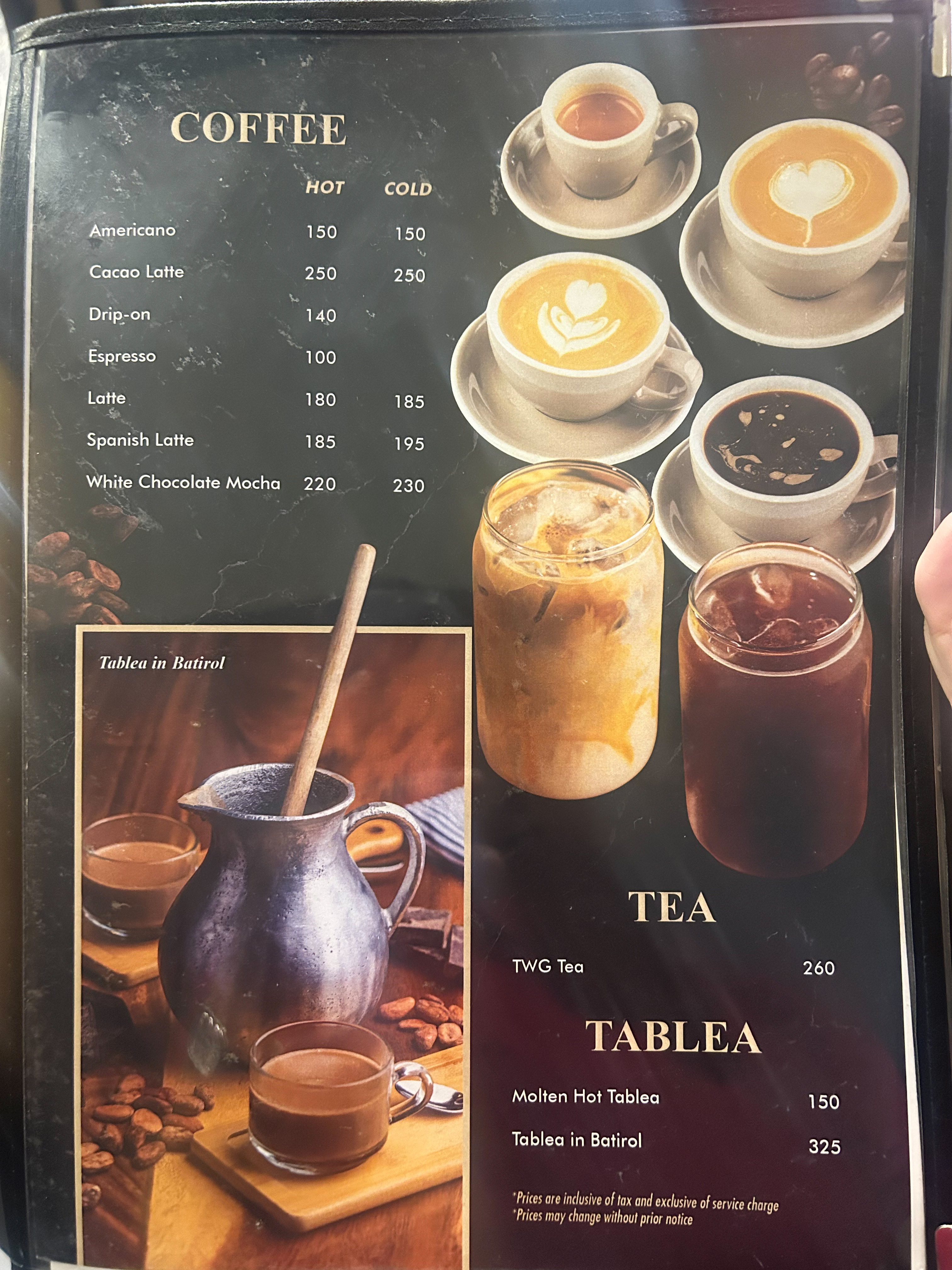fatchef restaurant menu coffee, tea, tablea