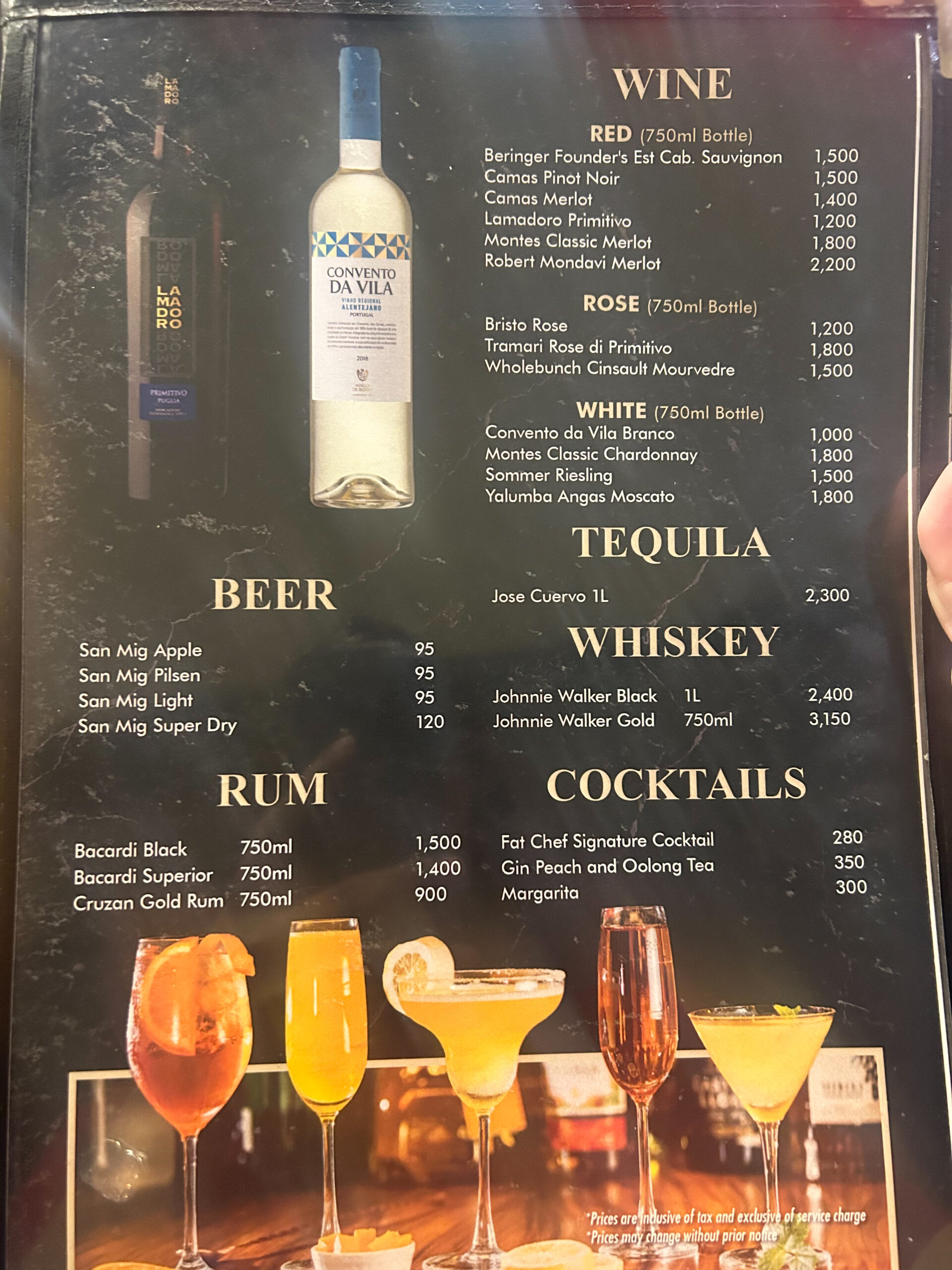 fatchef restaurant menu wine, tequilla, beer