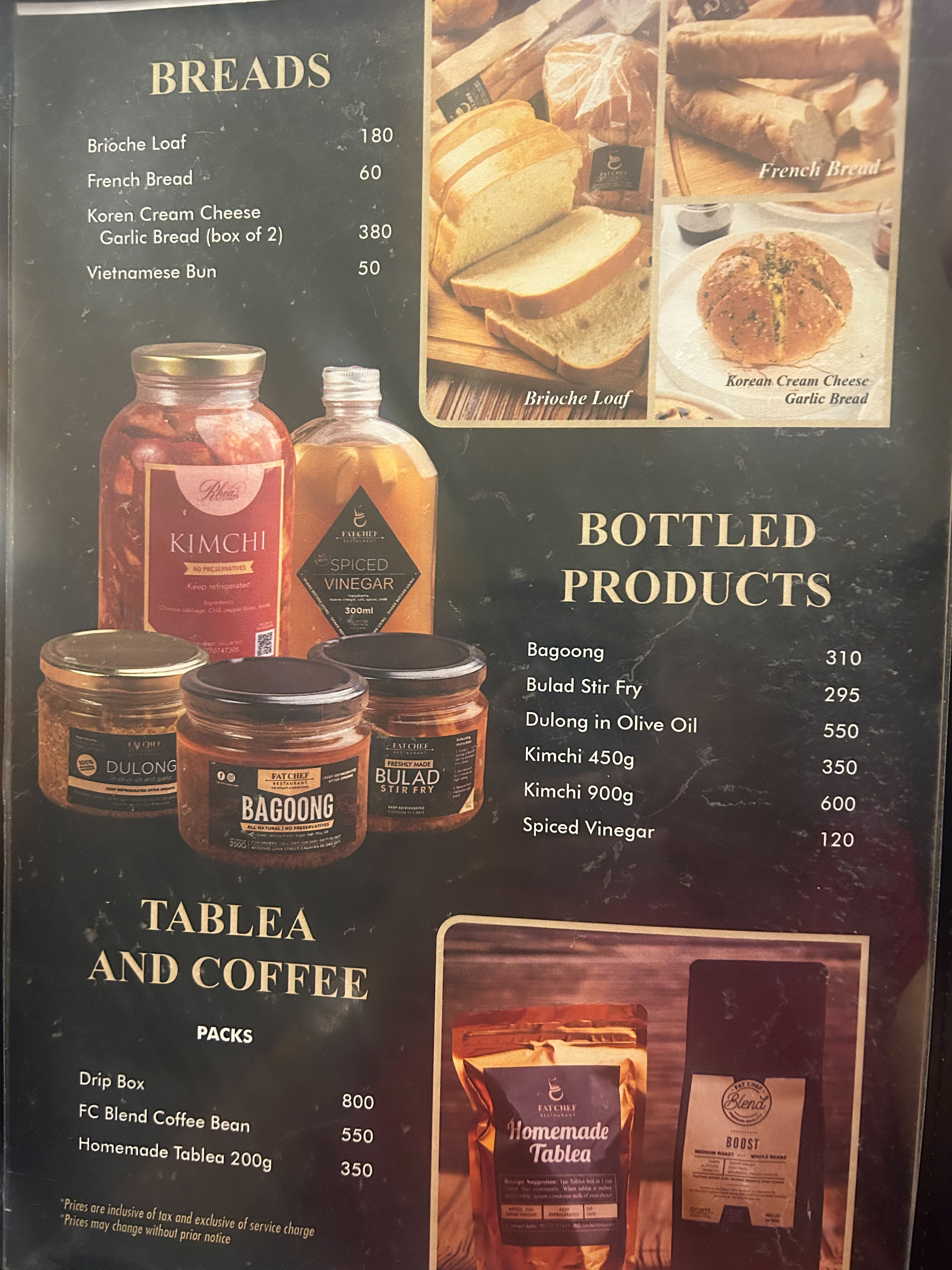 fatchef restaurant menu breads, bottled products, tablea coffee